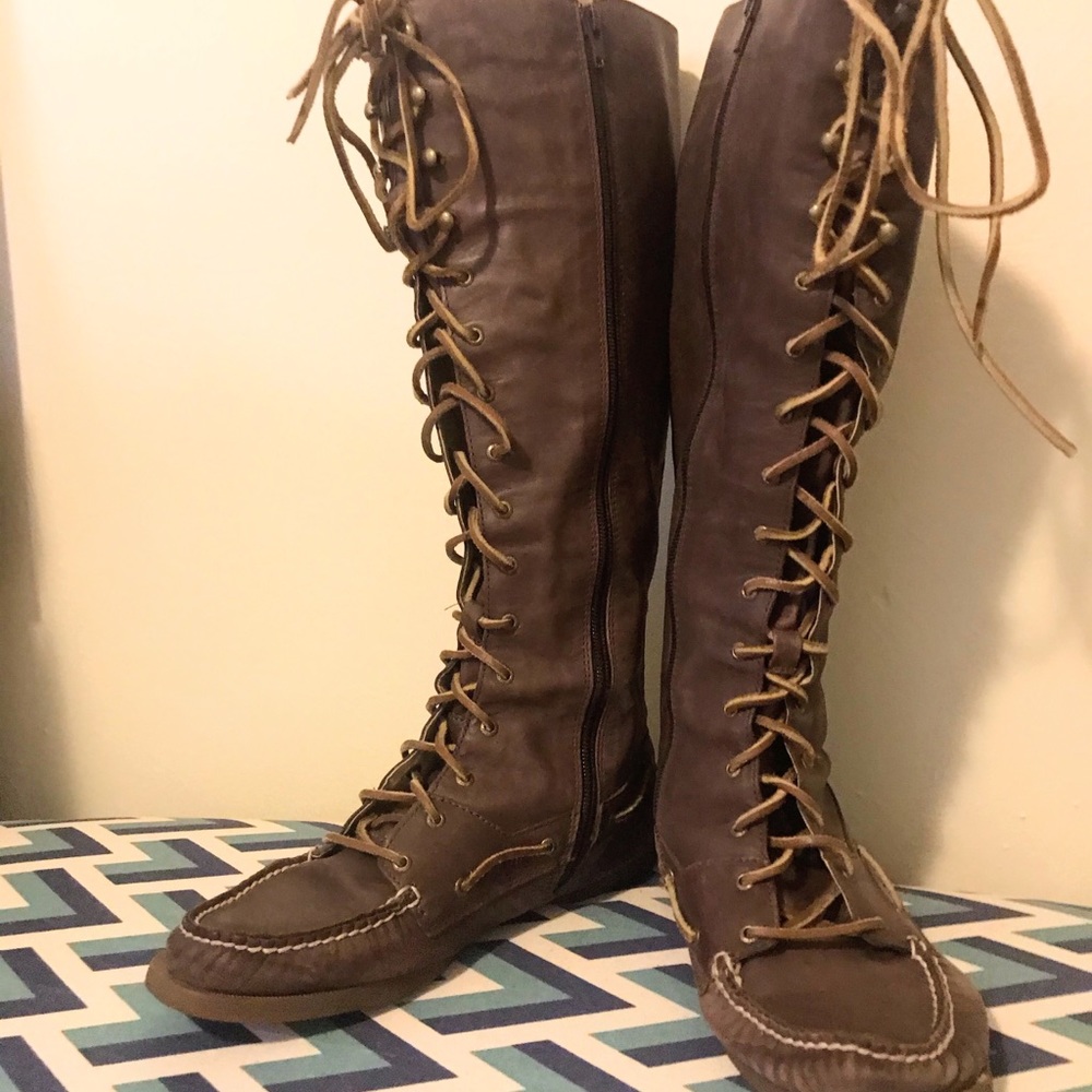 Sperry lace up moccasin boots knee high leather